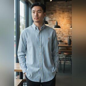 Ralph Lauren Blue Yellow Striped Men's Button Up Shirt Size 16 ½ -35 100% Cotton